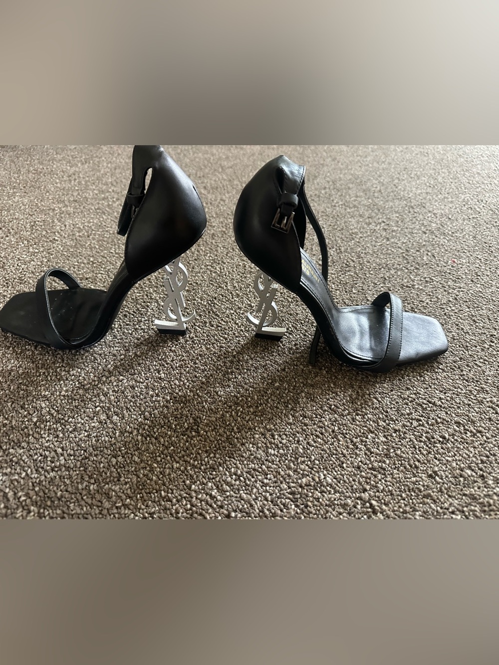 Saint Laurent Black Leather Ankle-Strap Heels with Silver YSL Logo Heel S 37